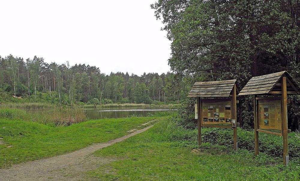 Uferweg am See der Freundschaft mit zwei überdachten Informationstafeln.